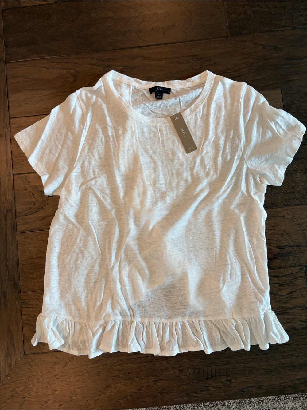 New With Tags JCrew Ruffle White Linen Tee Sz M